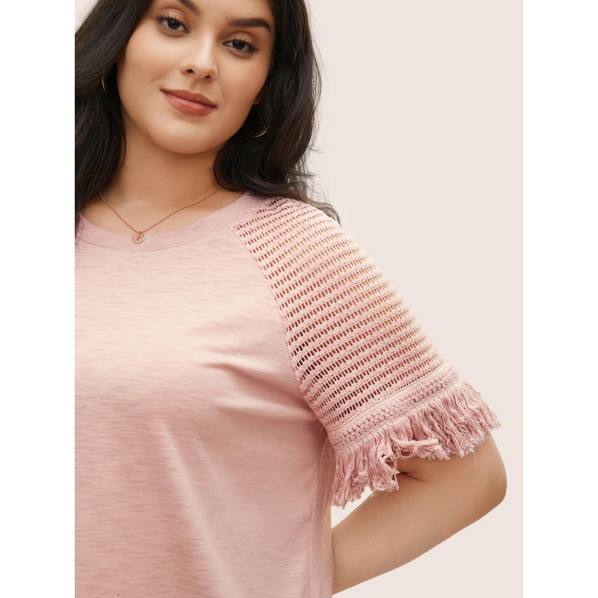 Plus Size Solid Cut Out Raglan Sleeve Fuzzy Trim T-shirt Pink Women Elegant Non Plain Round Neck Everyday T-shirts BloomChic 10/M Product Image