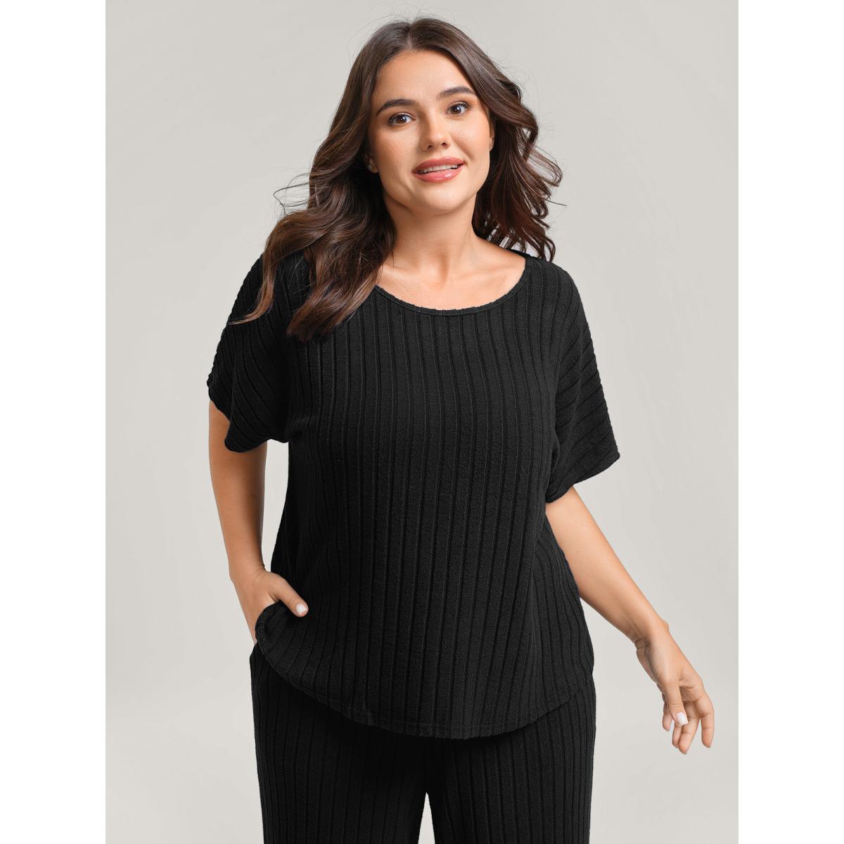 Plus Size Stretchy Pit Strip Solid Loungewear Set Women DarkSlateGray Texture Short sleeve Round Neck Leisure Loungewear Sets BloomChic 18-20/2X Product Image