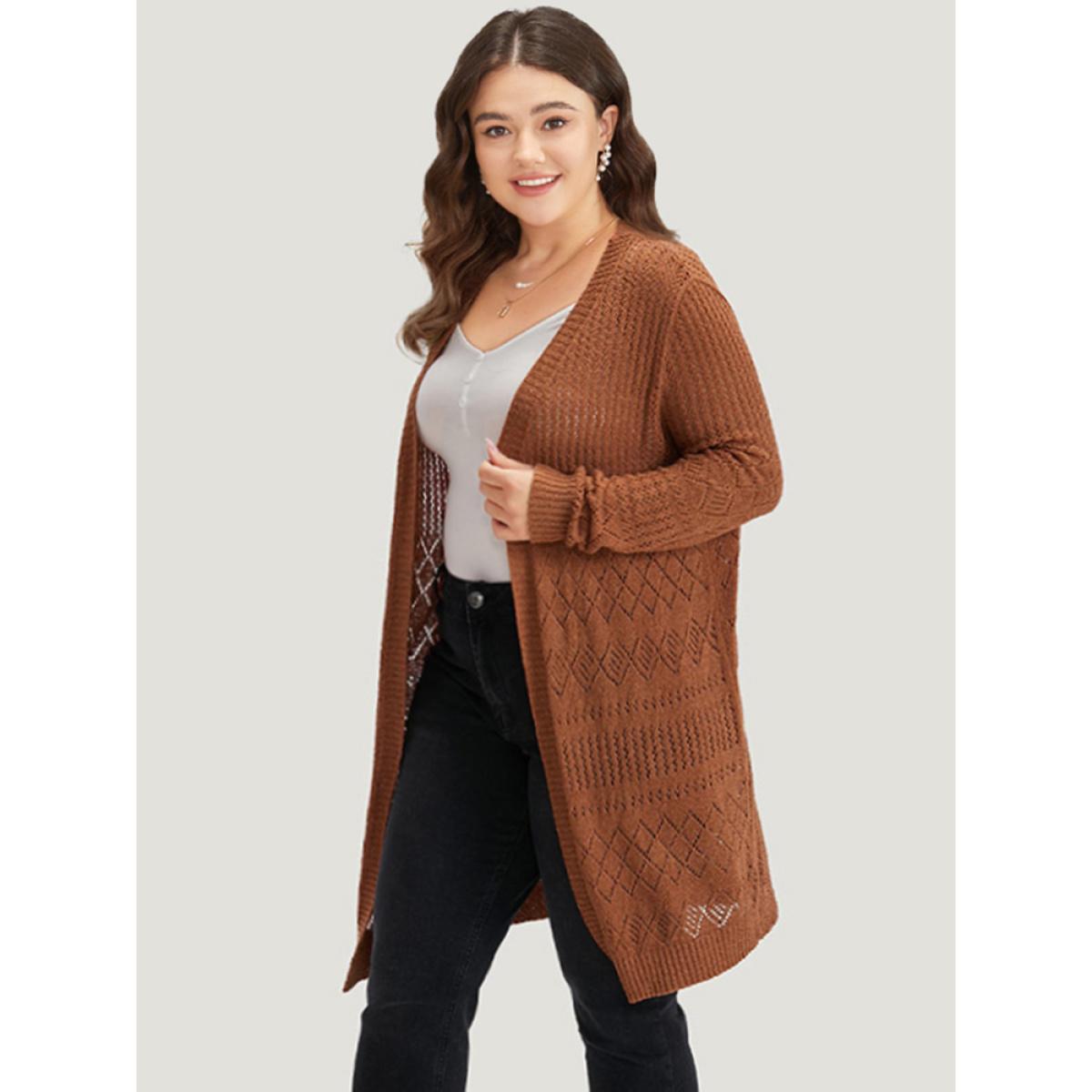Plus Size Solid Geometric Hollow Out Open Front Cardigan Chocolate Women Casual Long Sleeve Dailywear Cardigans BloomChic 18-20/2X Product Image