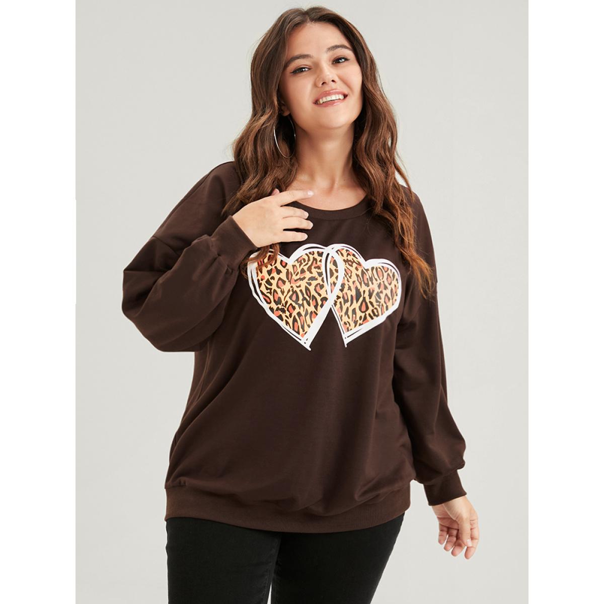 Plus Size Heart & Leopard Print Drop Shoulder Sweatshirt Women DarkBrown Casual Plain Round Neck Dailywear Sweatshirts BloomChic 10/M Product Image