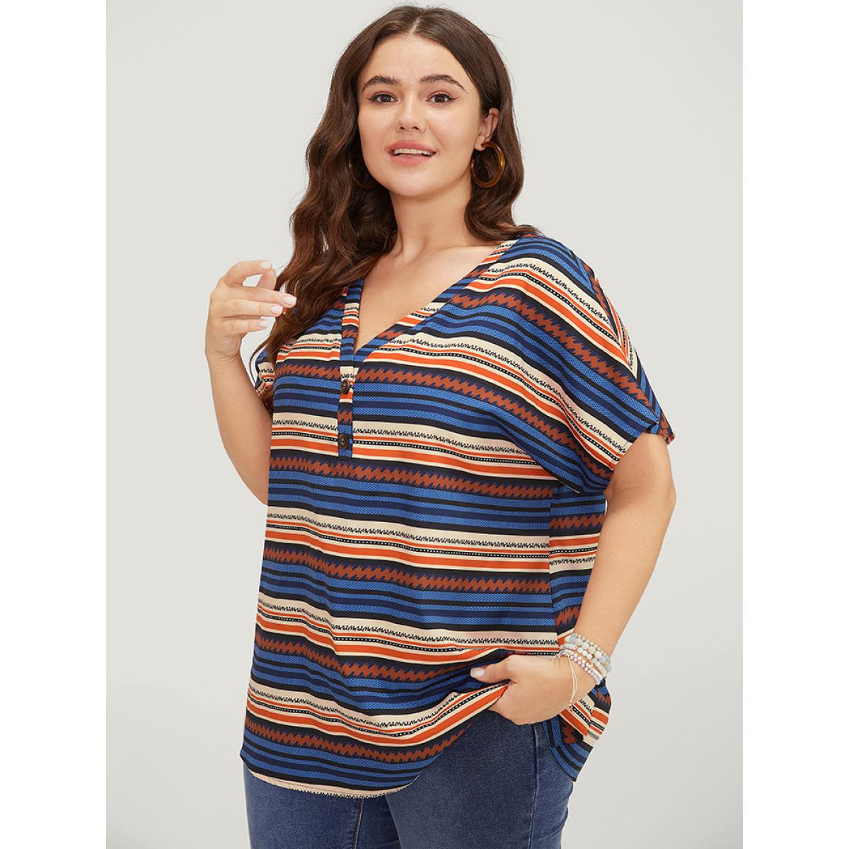 Plus Size Multicolor Striped Contrast Button Detail Batwing Sleeve Blouse Women Elegant Short sleeve V-neck Dailywear Blouses BloomChic 30/6X Product Image