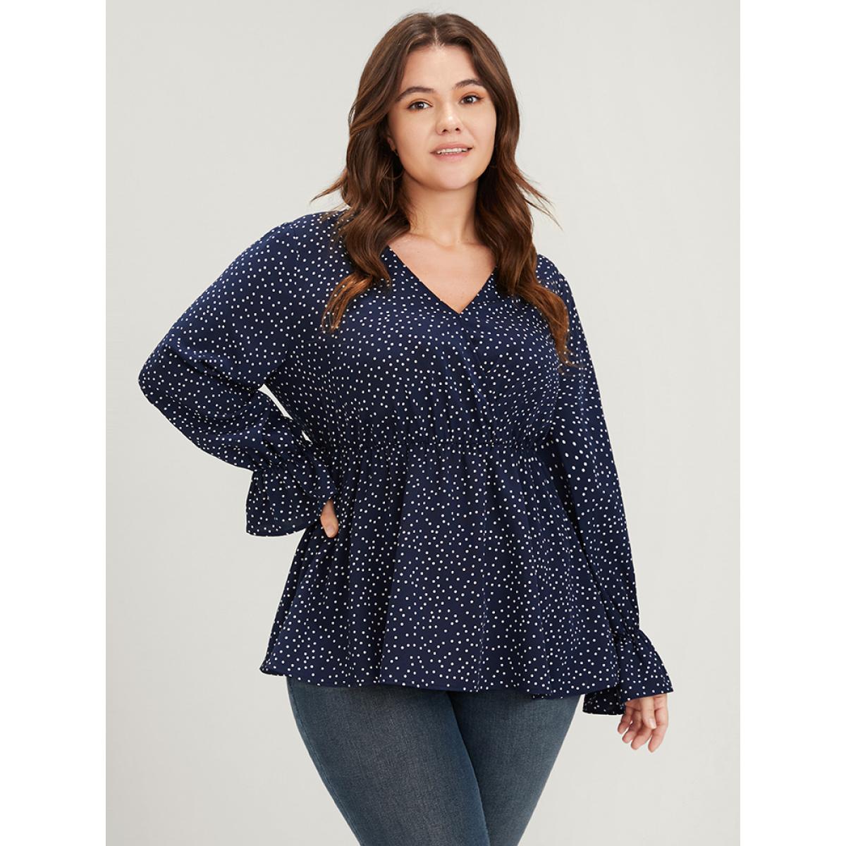 Plus Size DarkBlue Polka Dot Button Lantern Sleeve Ruffles Hem Wrap Blouse Women Elegant Long Sleeve V-neck Dailywear Blouses BloomChic 18-20/2X Product Image