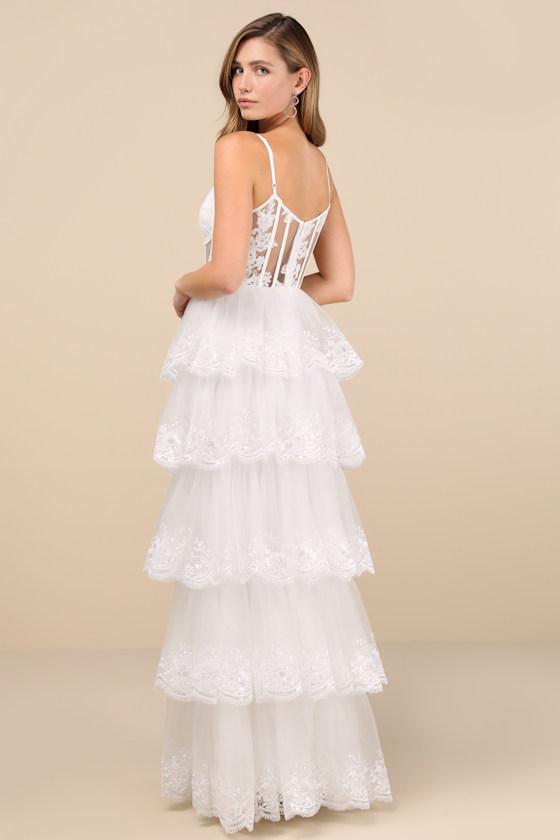 Alluring Sensation White Tulle Embroidered Tiered Maxi Dress Product Image