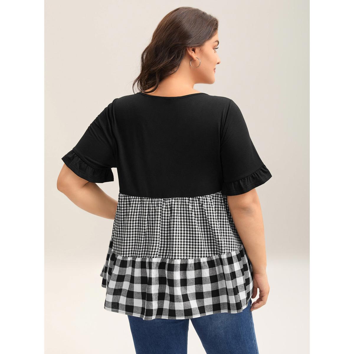 Plus Size Mixed Print Round Neck Doll T-Shirt Black Women Gathered Round Neck Everyday-Casual T-shirts BloomChic 12/L Product Image