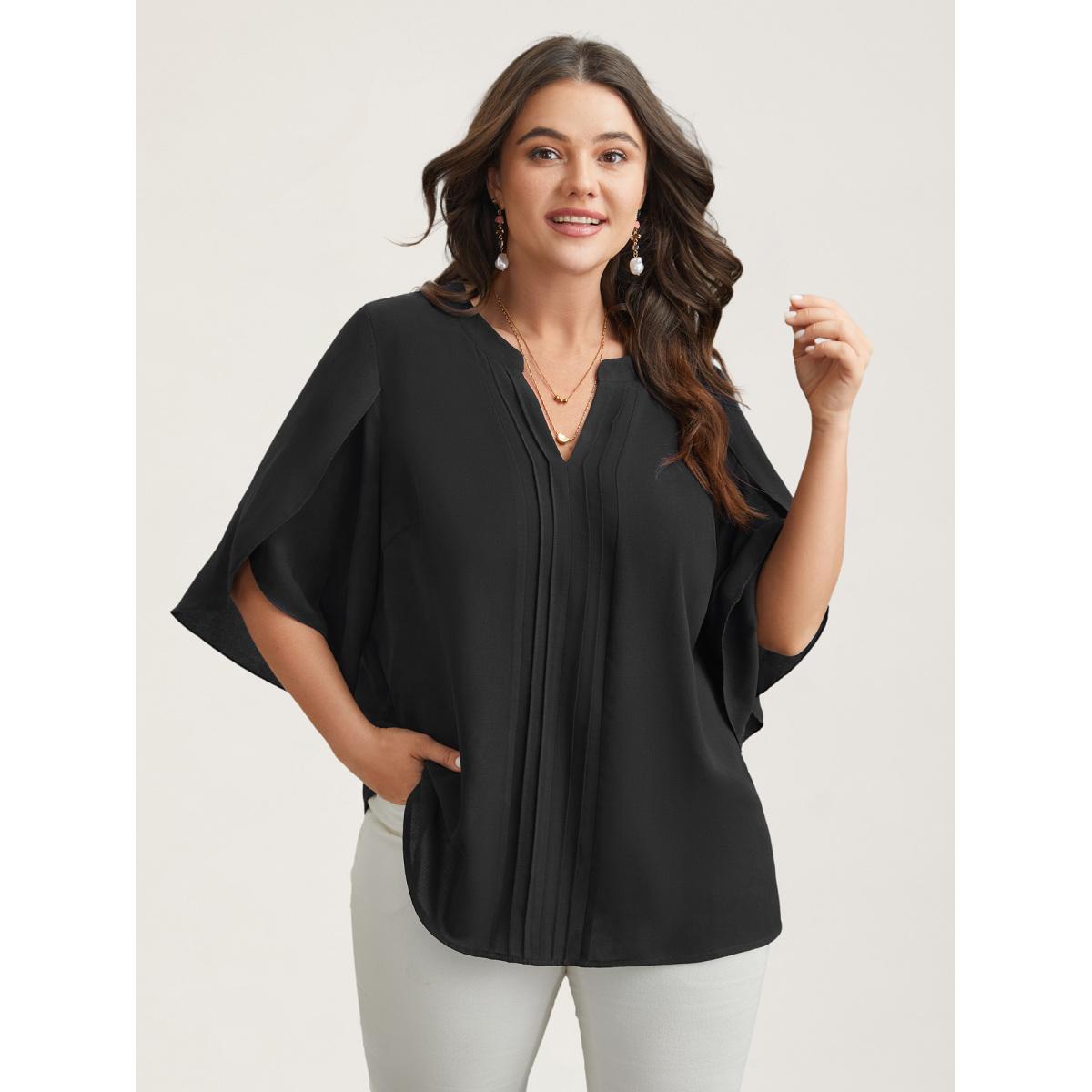 Plus Size Browncoffeecolor Petal Sleeve Toothpick Pleats Shirt Women Office Elbow-length sleeve Notched collar Office Blouses BloomChic 12/L Product Image