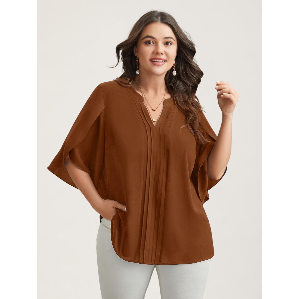 Plus Size Browncoffeecolor Petal Sleeve Toothpick Pleats Shirt Women Office Elbow-length sleeve Notched collar Office Blouses BloomChic 12/L Product Image