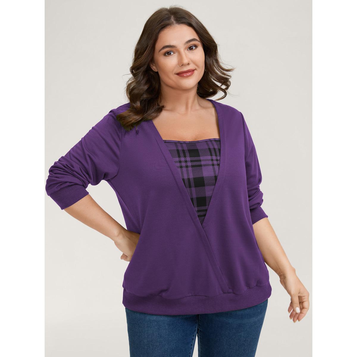 Plus Size Plaid Spliced Wrap Contrast Sweatshirt Women Deeppurple Leisure Square Neck Casual Sweatshirts BloomChic 18-20/2X Product Image