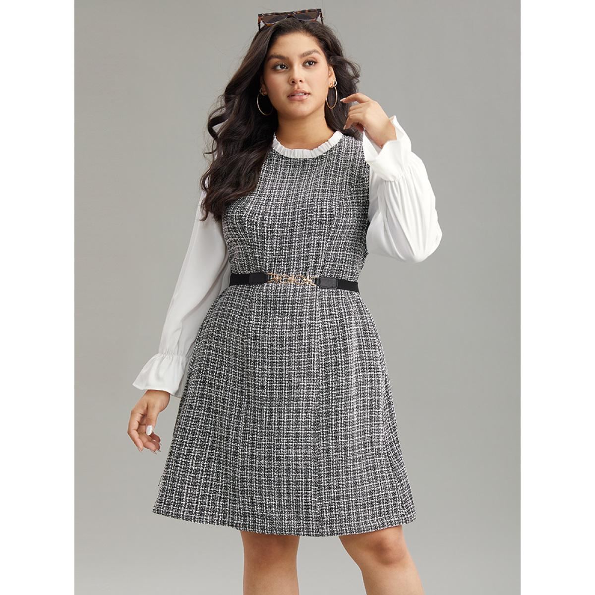 Plus Size Plaid Patchwork Ruffle Trim Knee Dress White Women Office Texture Mock Neck Long Sleeve Curvy Knee Dress BloomChic 30/6X Product Image