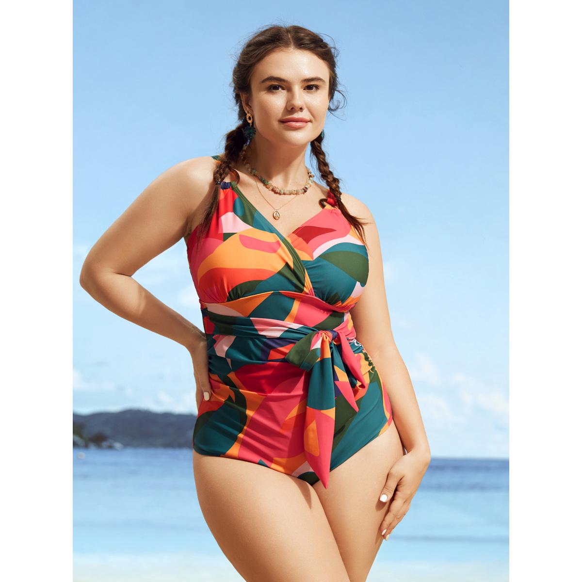 Plus Size Asymmetrical Colorblock Contrast Ties One Piece Swimsuit Women's Swimwear Multicolor Beach Tie knot Curve Bathing Suits High stretch One Pieces BloomChic 30/6X Product Image