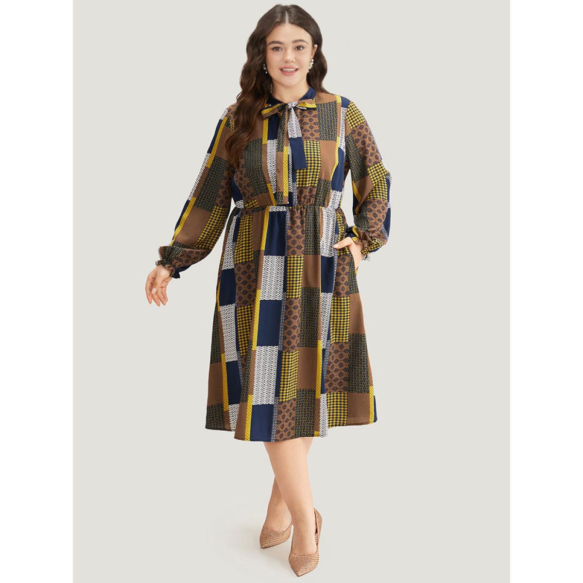 Plus Size Colorblock Patchwork Lantern Sleeve Knot Dress Multicolor Women Office Cross straps Tie Neck Long Sleeve Curvy Midi Dress BloomChic 12/L Product Image