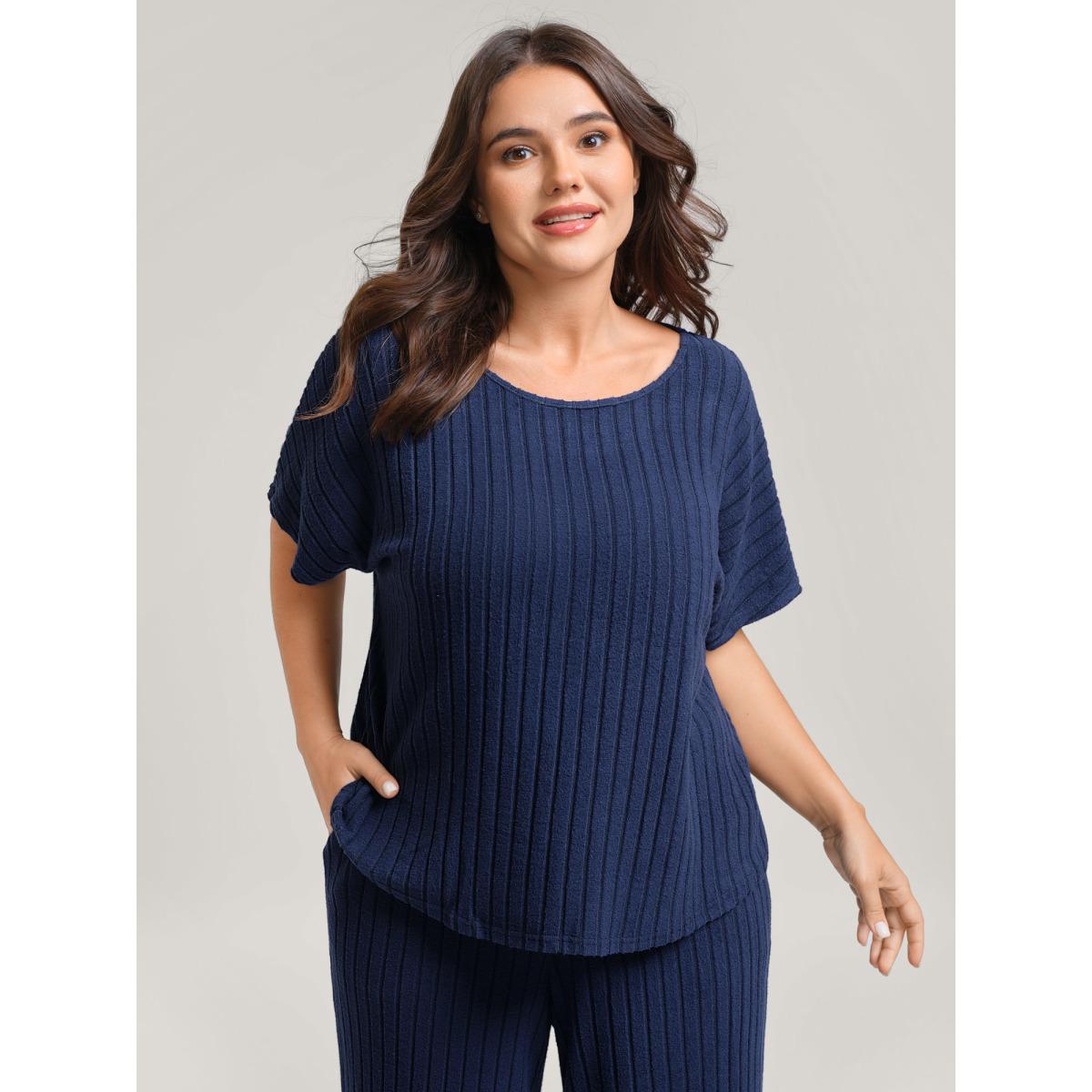 Plus Size Stretchy Pit Strip Solid Loungewear Set Women DarkSlateGray Texture Short sleeve Round Neck Leisure Loungewear Sets BloomChic 18-20/2X Product Image