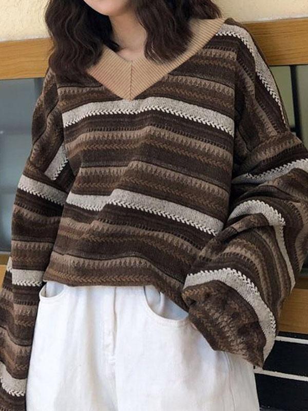 V Neck Striped Knit Sweater Product Image