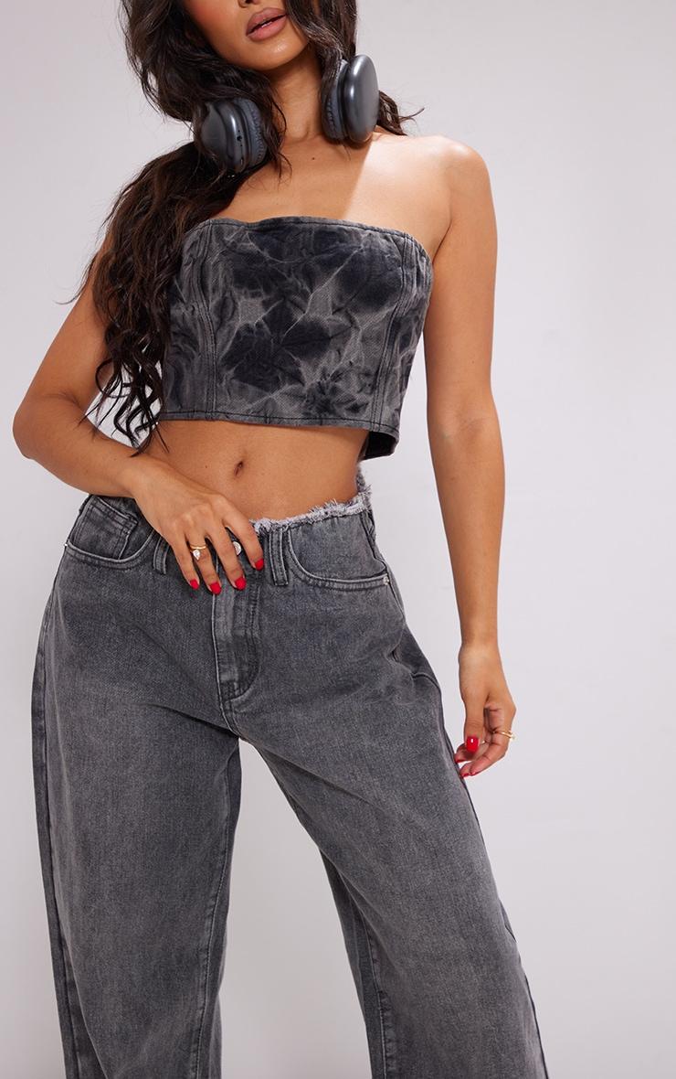 Petite Washed Grey Fray Waist Low Rise Straight Leg Jeans Product Image