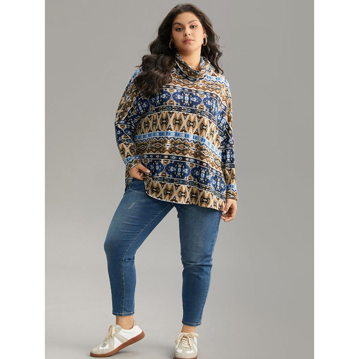 Plus Size Bandana Print Turtleneck Split Hem T-shirt Indigo Women Casual Printed Bohemian Print Turtleneck Dailywear T-shirts BloomChic 14-16/1X Product Image