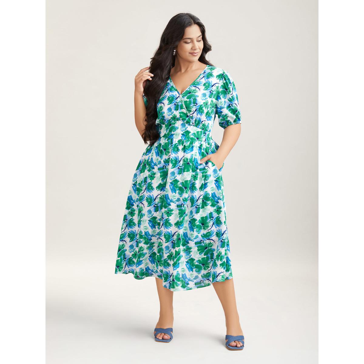 Plus Size Brush Stroke Floral Surplice Neck Midi Dress Mediumblue Women Elegant Gathered Overlap Collar Short sleeve Curvy BloomChic 18-20/2X Product Image