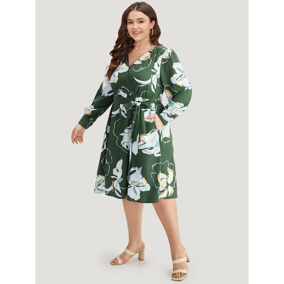 Plus Size Floral Print Belted Long Sleeve Dress DarkGreen Women Vacation Belted V-neck Long Sleeve Curvy Midi Dress BloomChic 28/5X Product Image
