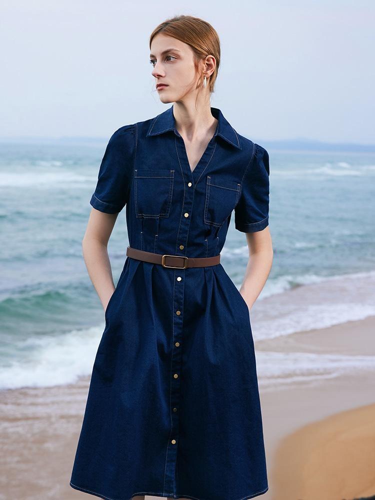Gathered Waist Denim Mini Dress Product Image