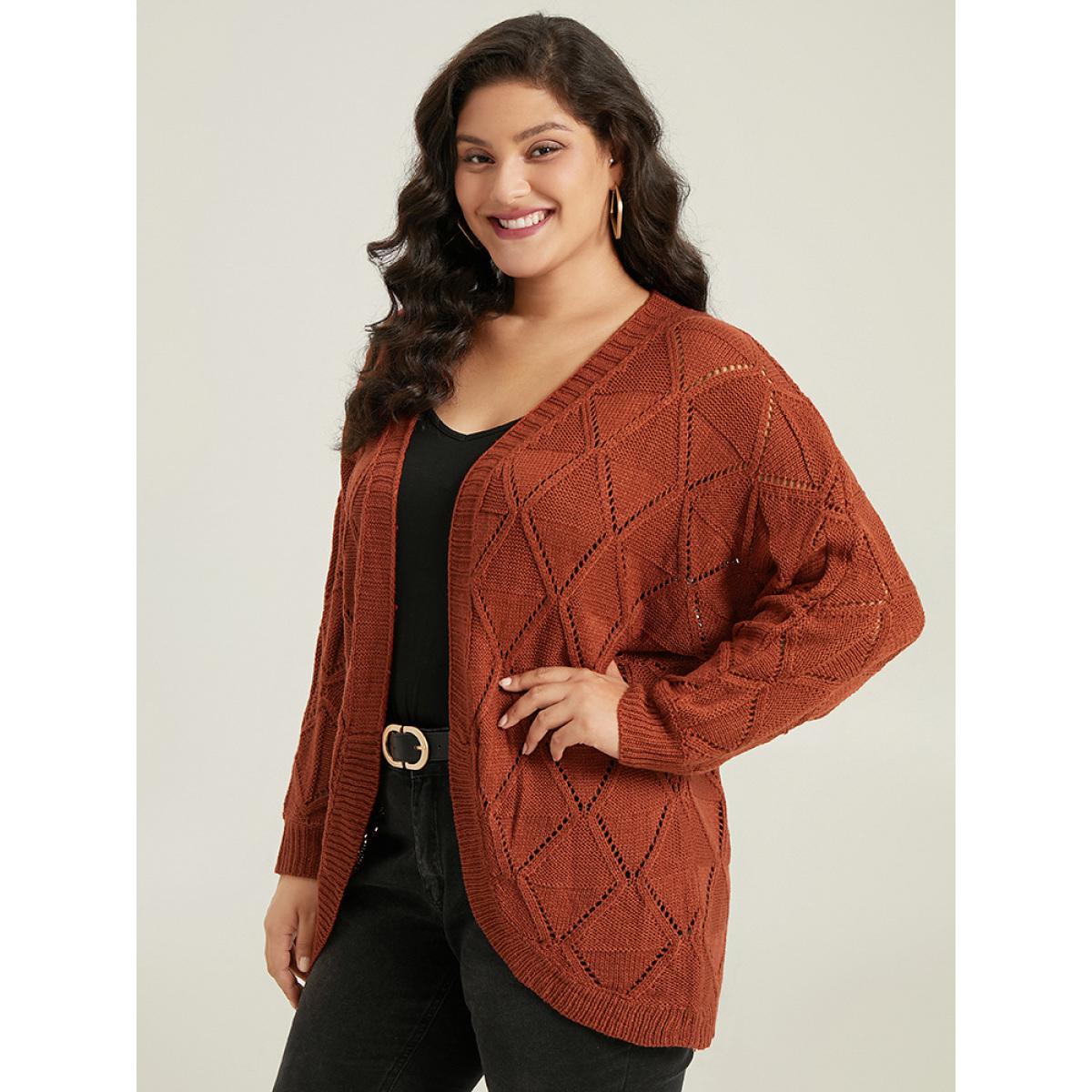 Plus Size Geometric Hollow Out Open Front Cardigan Rust Women Casual Loose Long Sleeve Dailywear Cardigans BloomChic 12/L Product Image