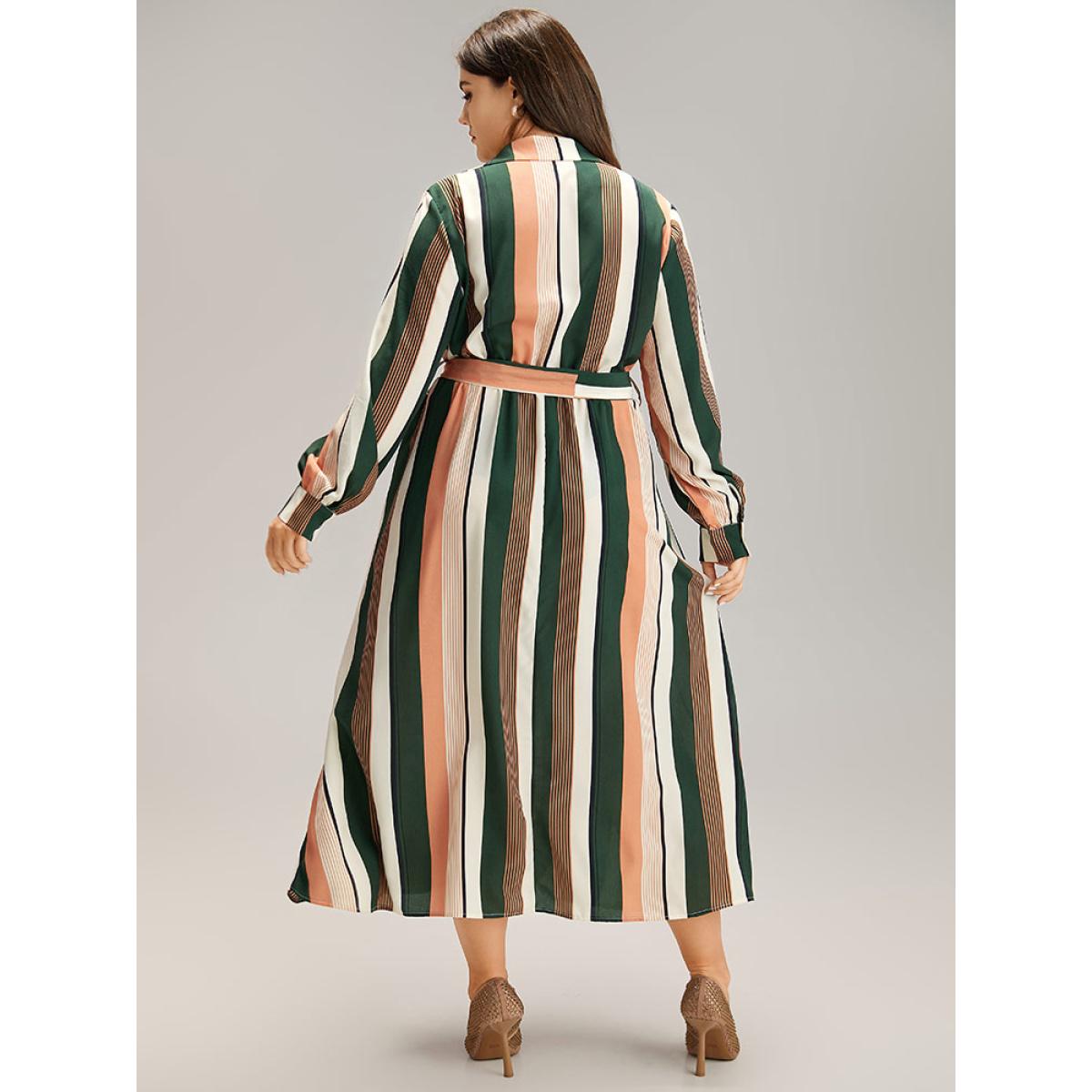 Plus Size Striped Belted Shirt Collar Button Through Dress Multicolor Women At the Office Printed Shirt collar Long Sleeve Curvy Midi Dress BloomChic 30/6X Product Image