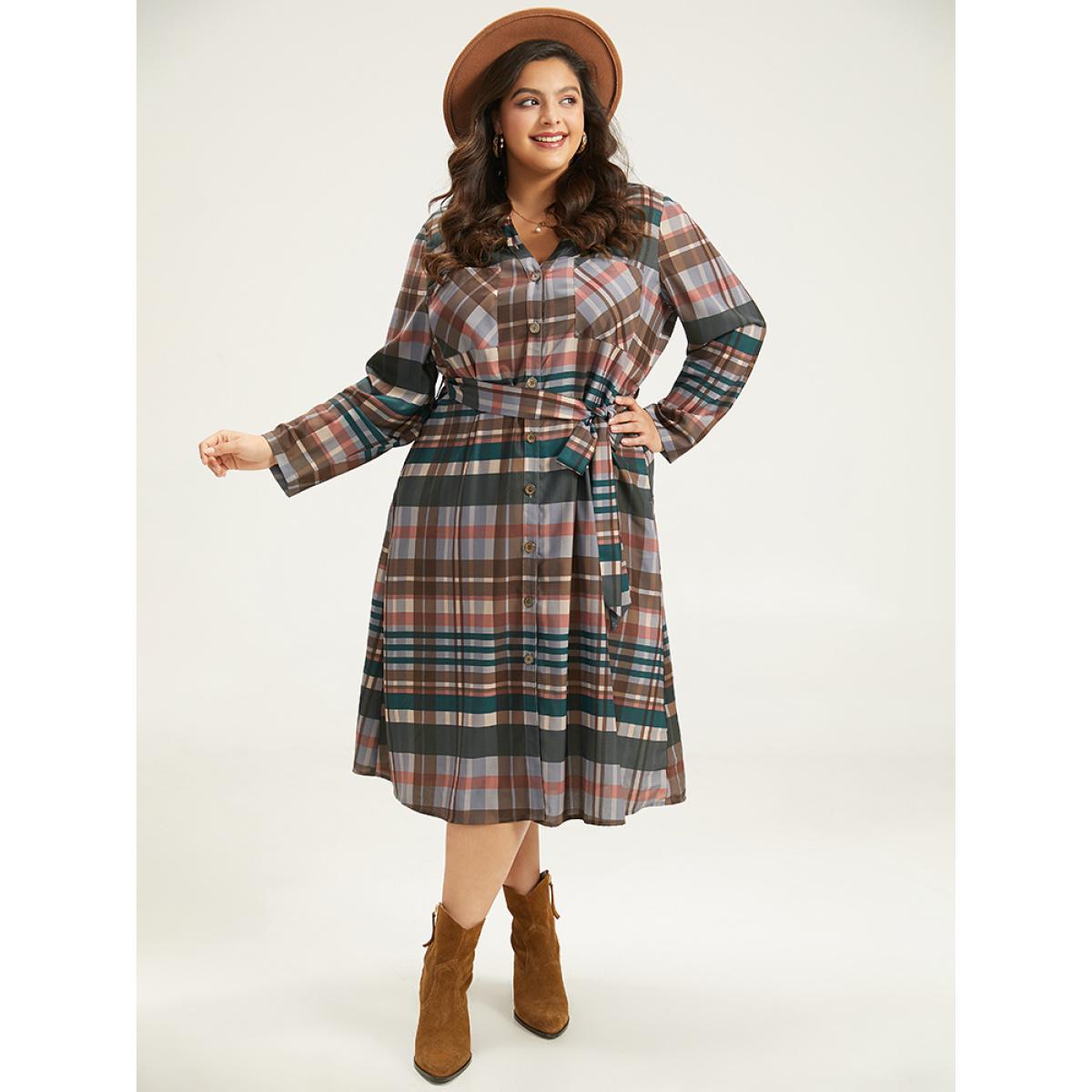 Plus Size Plaid Button Through Patched Pocket Dress Black Women Casual Belted Notched collar Long Sleeve Curvy Midi Dress BloomChic 12/L Product Image