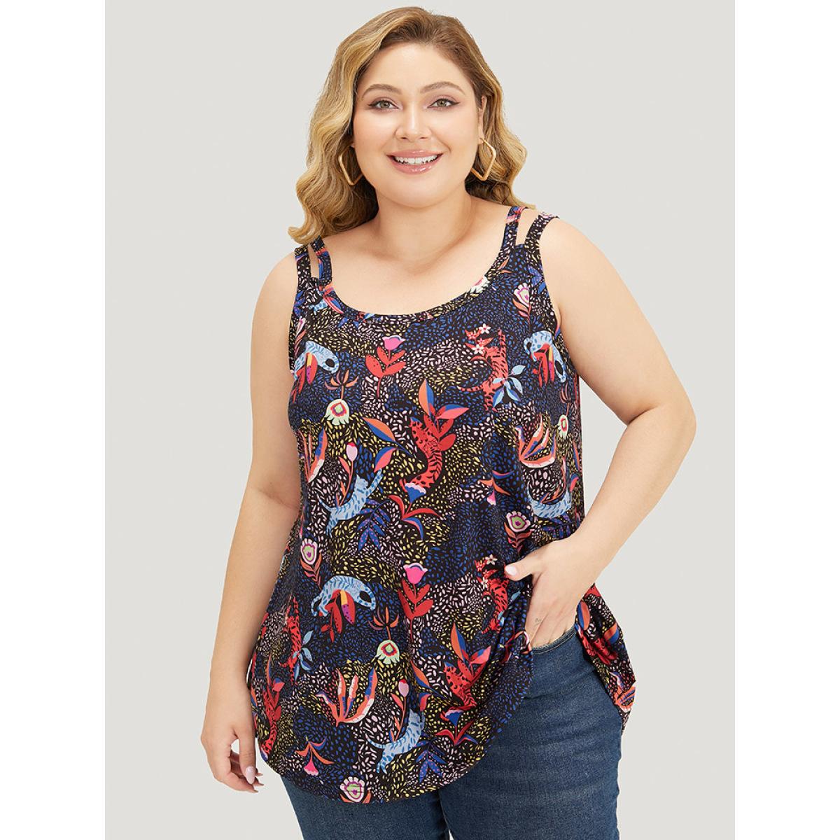 Plus Size Cat & Plant Print Sleeveless Cut Out Cami Top Women Navy Casual Cut-Out V-neck Dailywear Tank Tops Camis BloomChic 12/L Product Image