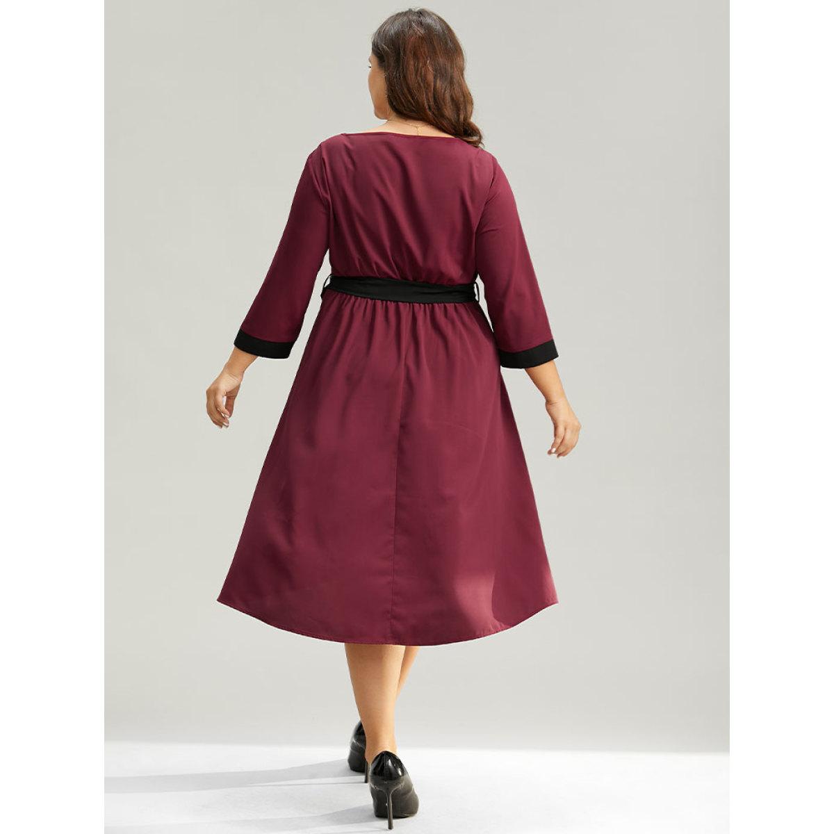 Plus Size Anti-Wrinkle Two Tone Patchwork Square Neck Dress Burgundy Women Elegant Belted Square Neck Elbow-length sleeve Curvy Midi Dress BloomChic 18-20/2X Product Image