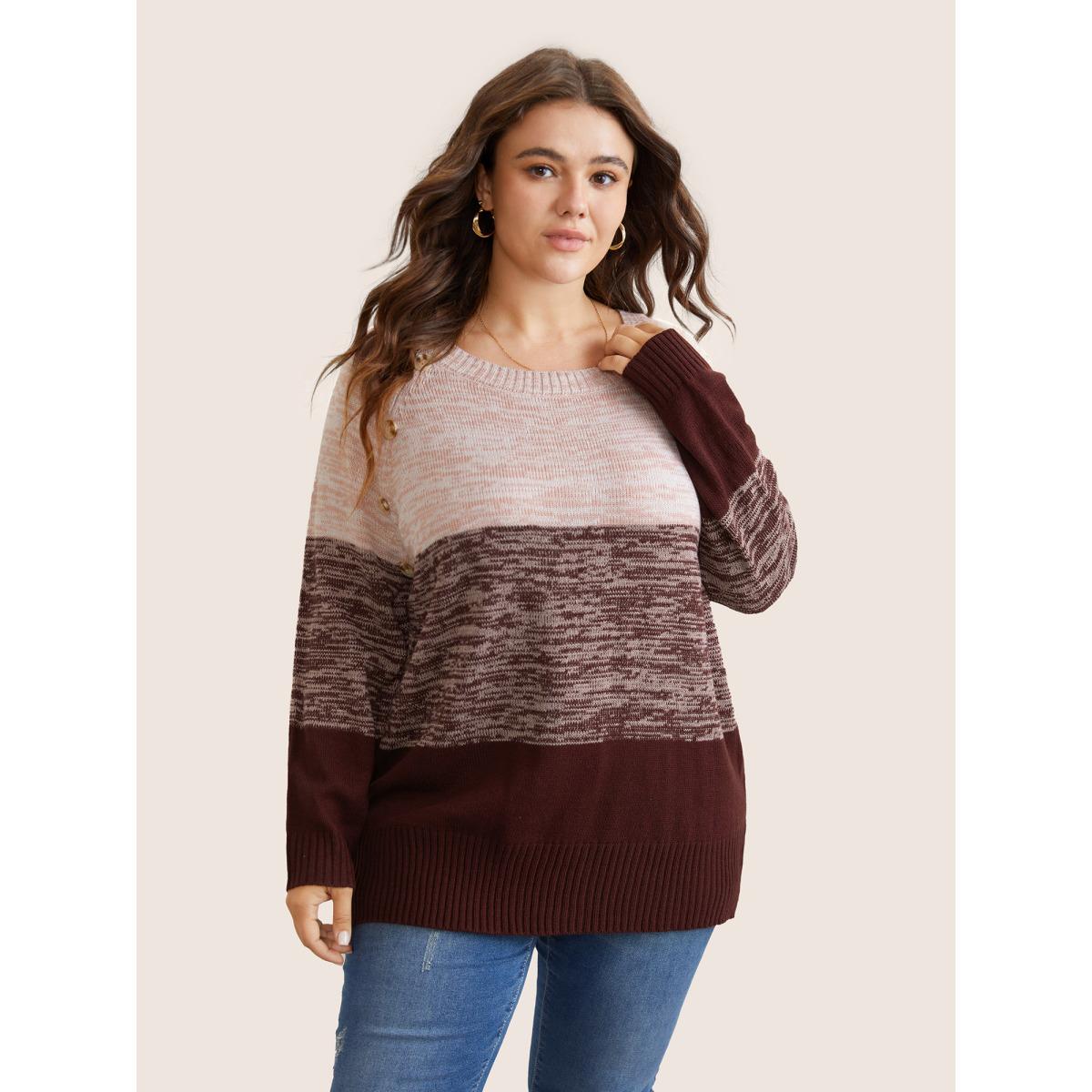 Plus Size Colorblock Contrast Heather Button Detail Pullover Maroon Women Casual Long Sleeve Round Neck Everyday Pullovers BloomChic 26/4X Product Image