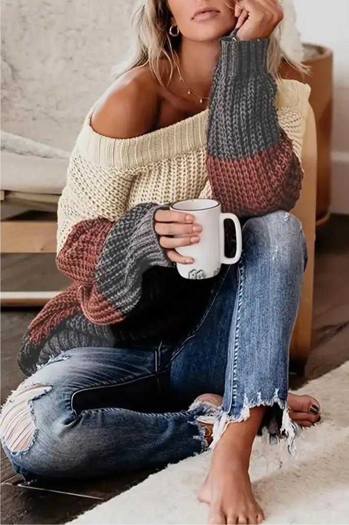 OFF THE SHOULDER COLOR BLOCK KNIT SWEATER Product Image