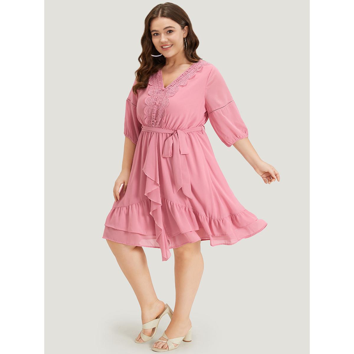 Plus Size Lace Panel Ruffle Trim Belted Lantern Sleeve Dress Pink Women Vacation Patchwork V-neck Elbow-length sleeve Curvy Knee Dress BloomChic 26/4X Product Image