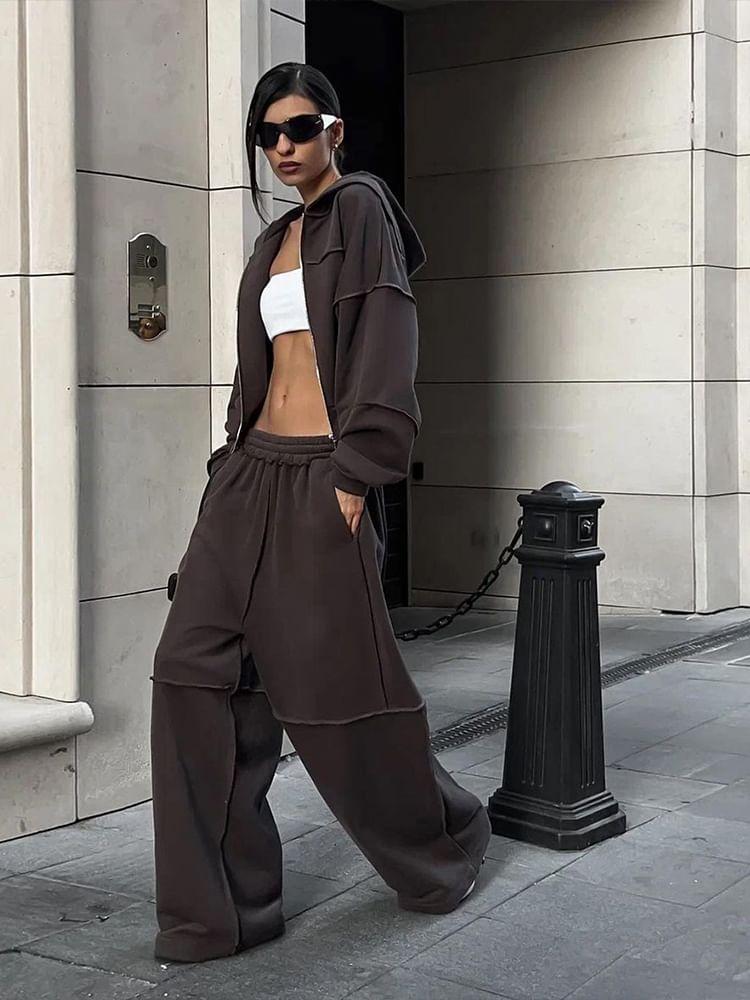 Set: Plain Zip-Up Hoodie + Wide Leg Sweatpants Product Image
