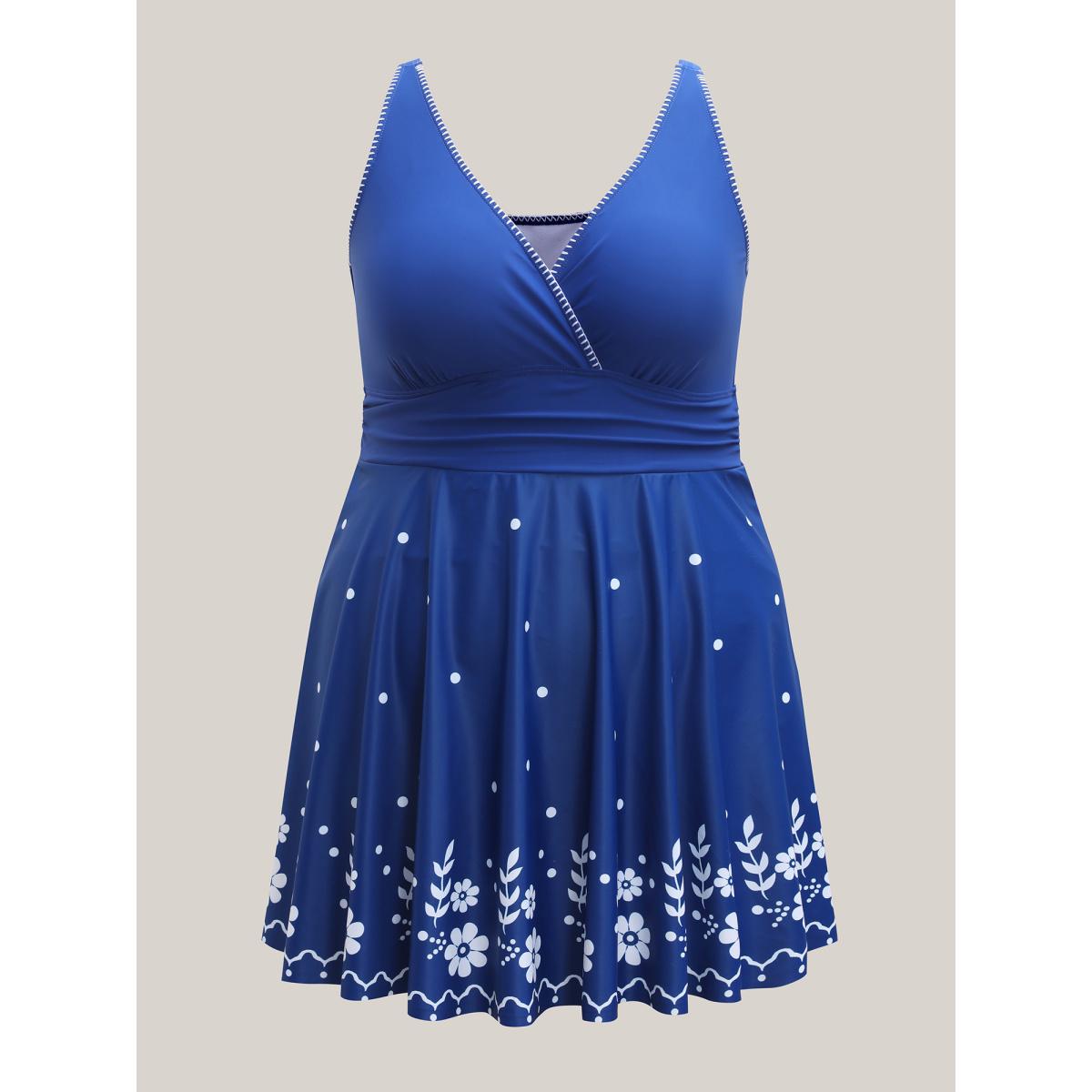 Plus Size Anti-Float Tie Floral Print Embroidered Swim Dress Women's Swimwear Mediumblue Beach Bodycon Overlap Collar High stretch Curve Swim Dresses BloomChic 28/5X Product Image