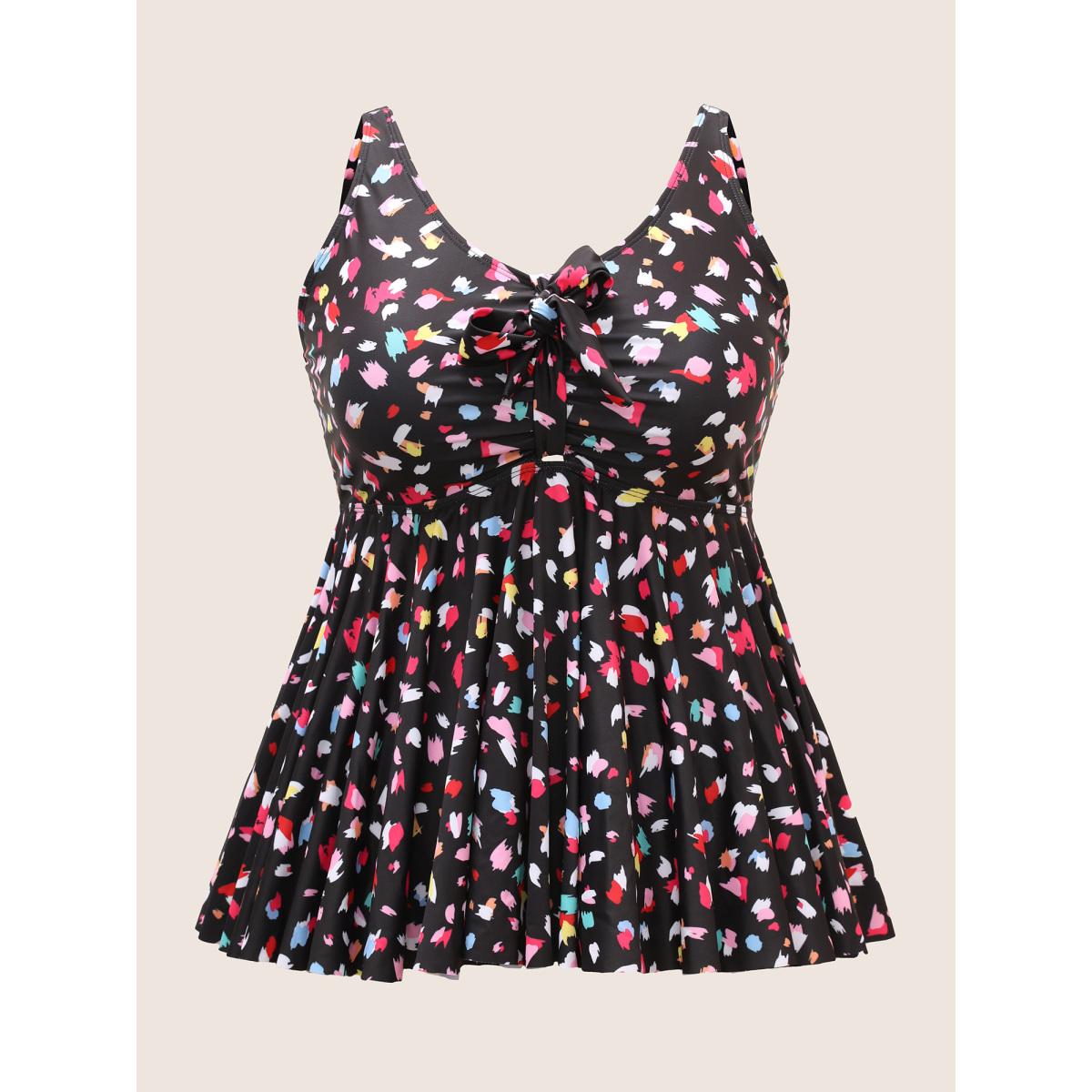 Plus Size Allover Print V Neck Gathered Swim Top Women's Swimwear Black Beach Gathered High stretch Bodycon V-neck Curve Swim Tops BloomChic 12/L Product Image