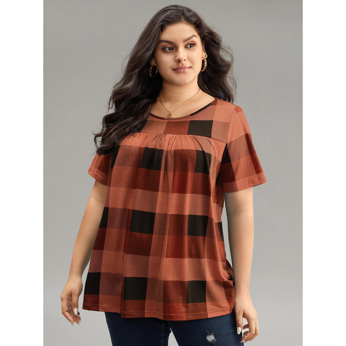 Plus Size Plaid Round Neck Gathered T-shirt Red Women Casual Gathered Plaid Round Neck Everyday T-shirts BloomChic 30/6X Product Image