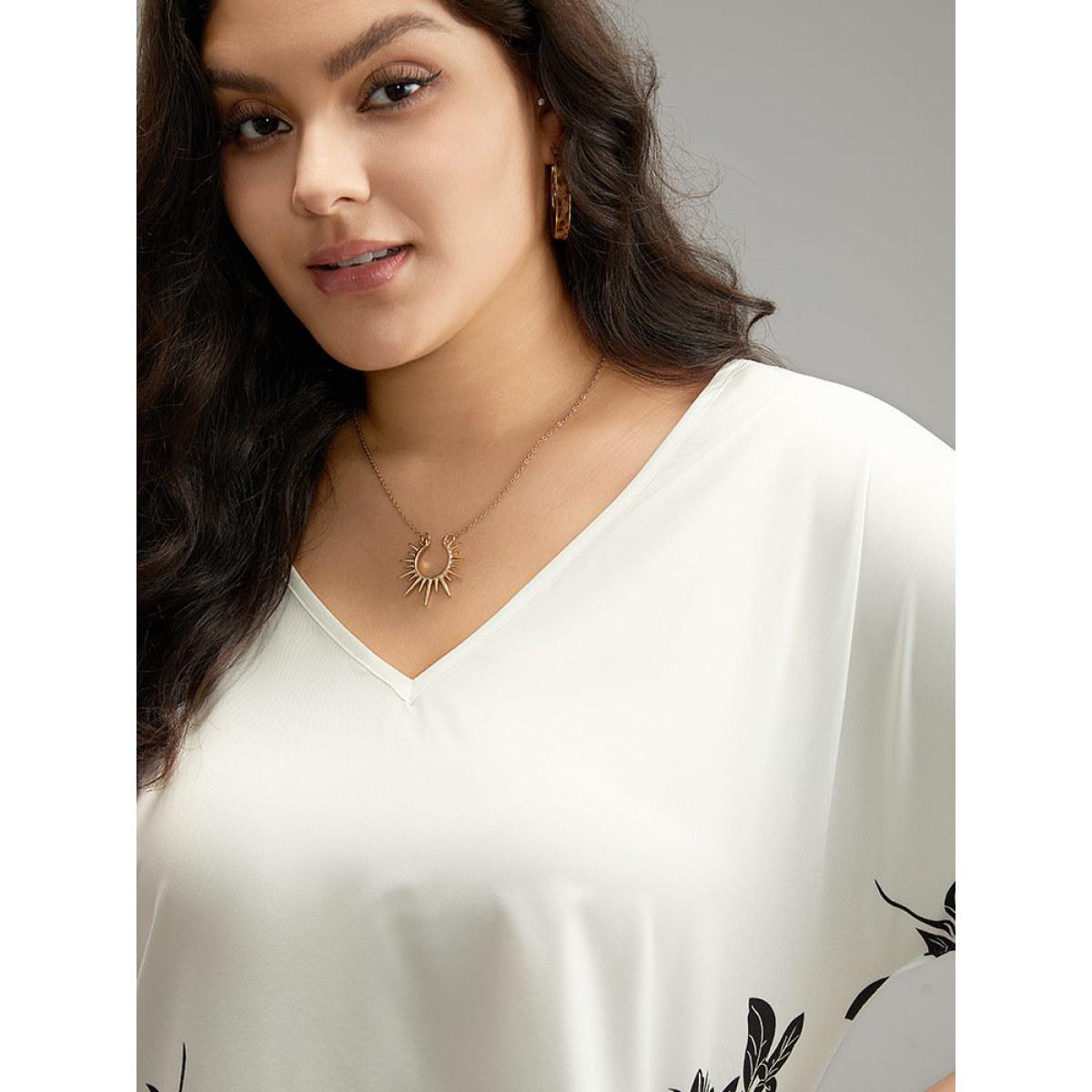 Plus Size White Boho Print V Neck Cut Out Blouse Women Elegant Elbow-length sleeve V-neck Dailywear Blouses BloomChic 22-24/3X Product Image