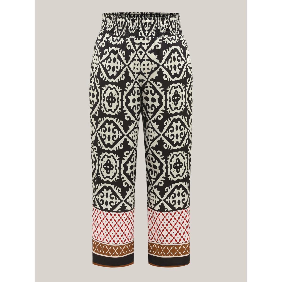 Plus Size Ornate Print Contrast Hem Straight Leg Pants Women Black Resort Straight Leg Mid Rise Vacation Pants BloomChic 12/L Product Image