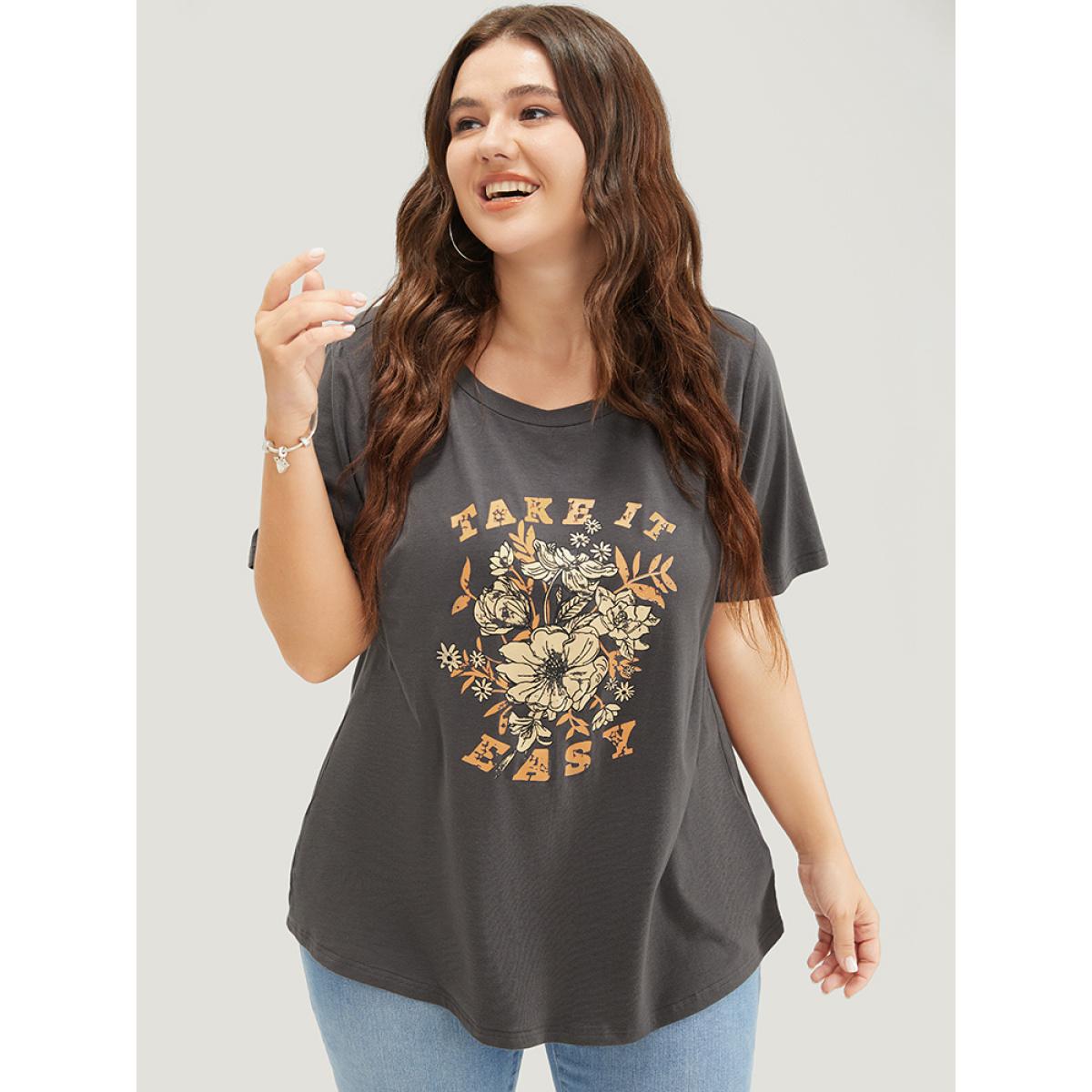Plus Size Letter & Floral Print Crew Neck T-shirt DimGray Women Casual Natural Flowers Dailywear T-shirts BloomChic 28/5X Product Image