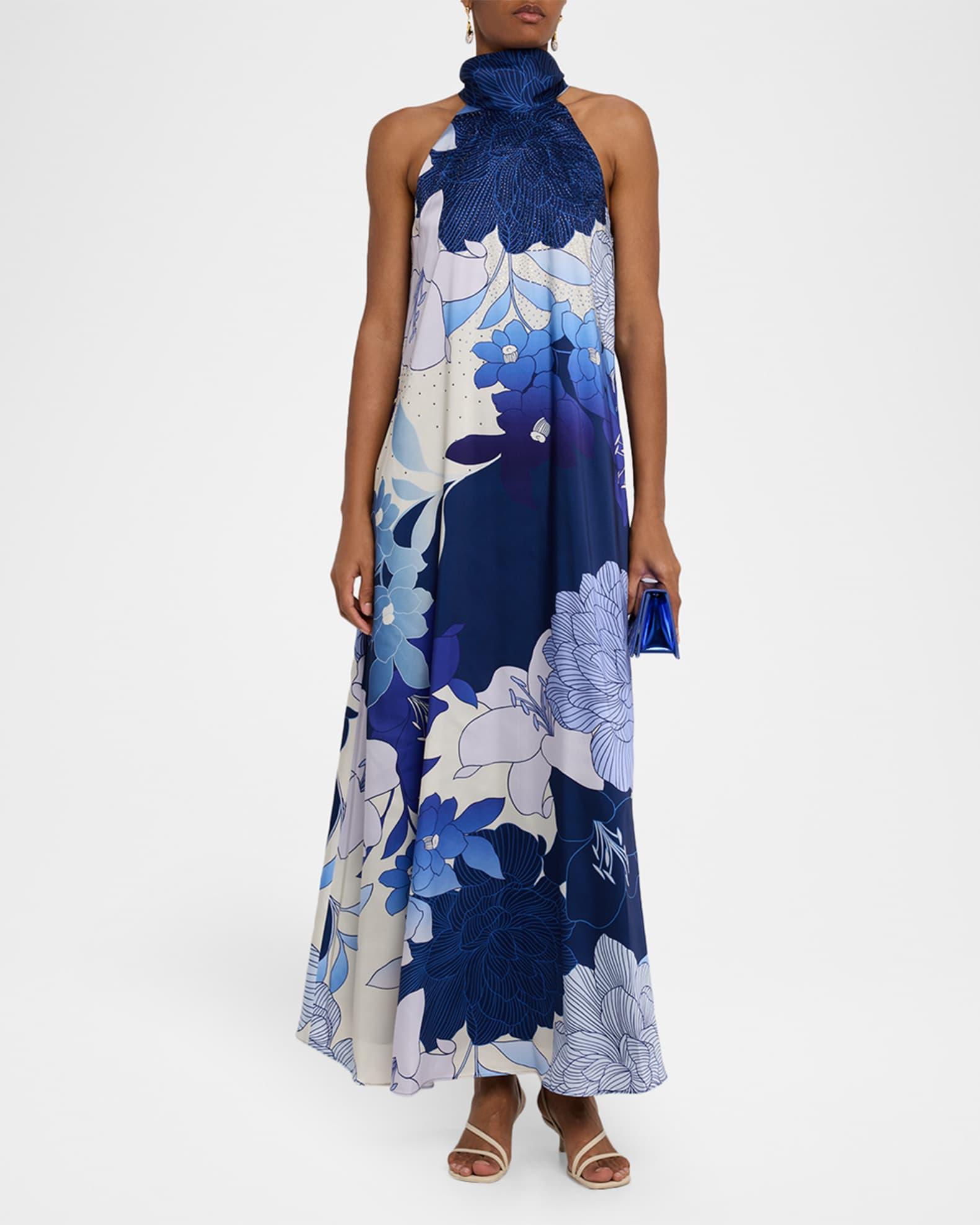 Sky Rhinestone Floral-Print Halter Maxi Dress Product Image