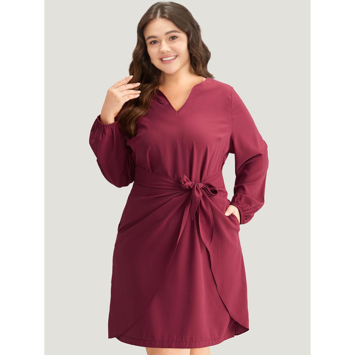 Plus Size Anti-Wrinkle Solid Ties Lantern Sleeve Dress Scarlet Women Office Elastic cuffs Notched collar Long Sleeve Curvy Knee Dress BloomChic 30/6X Product Image