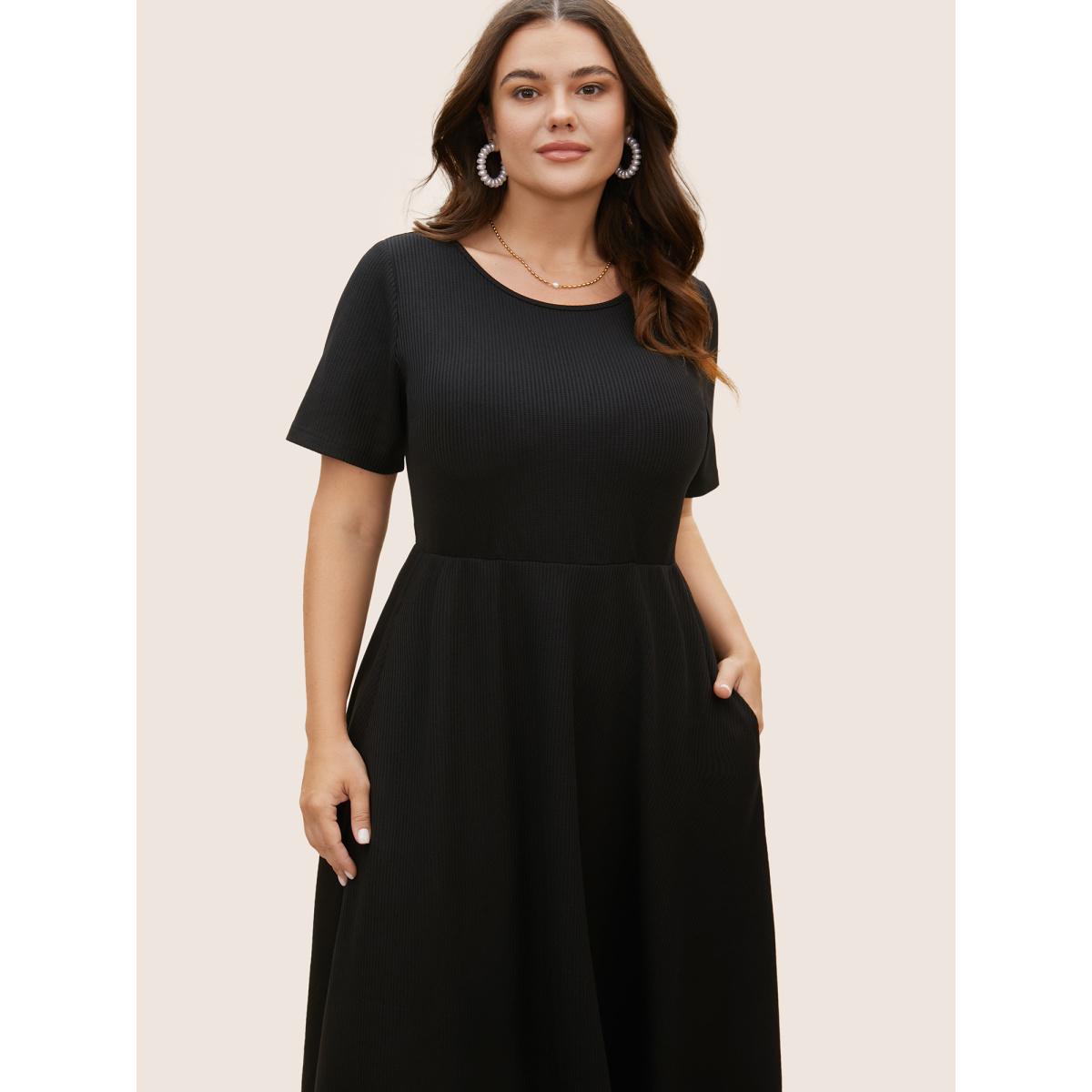 Plus Size Round Neck Contrast Back Bowknot Midi Dress Black Women Elegant Tie knot Round Neck Short sleeve Curvy BloomChic 14-16/1X Product Image