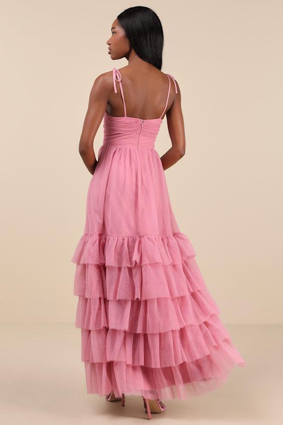 Endlessly Darling Dusty Rose Mesh Tiered Tie-Strap Maxi Dress Product Image