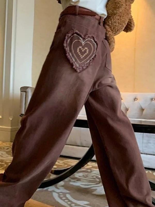 Vintage Brown Heart Patch Embroidery Boyfriend Jeans Product Image