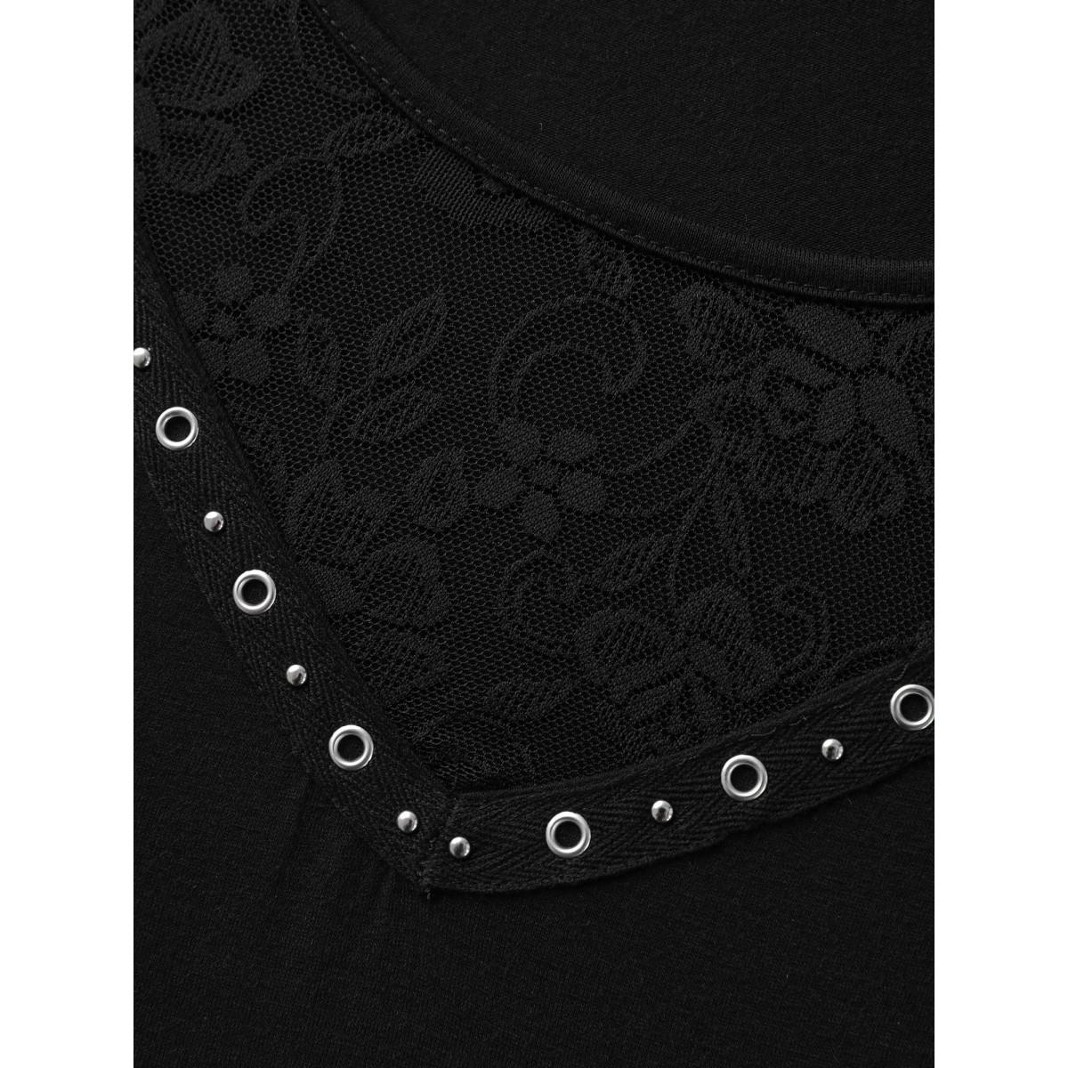 Plus Size Lace Trim Sheer Solid T-Shirt Black Women Leisure Non Casual T-shirts BloomChic 22-24/3X Product Image