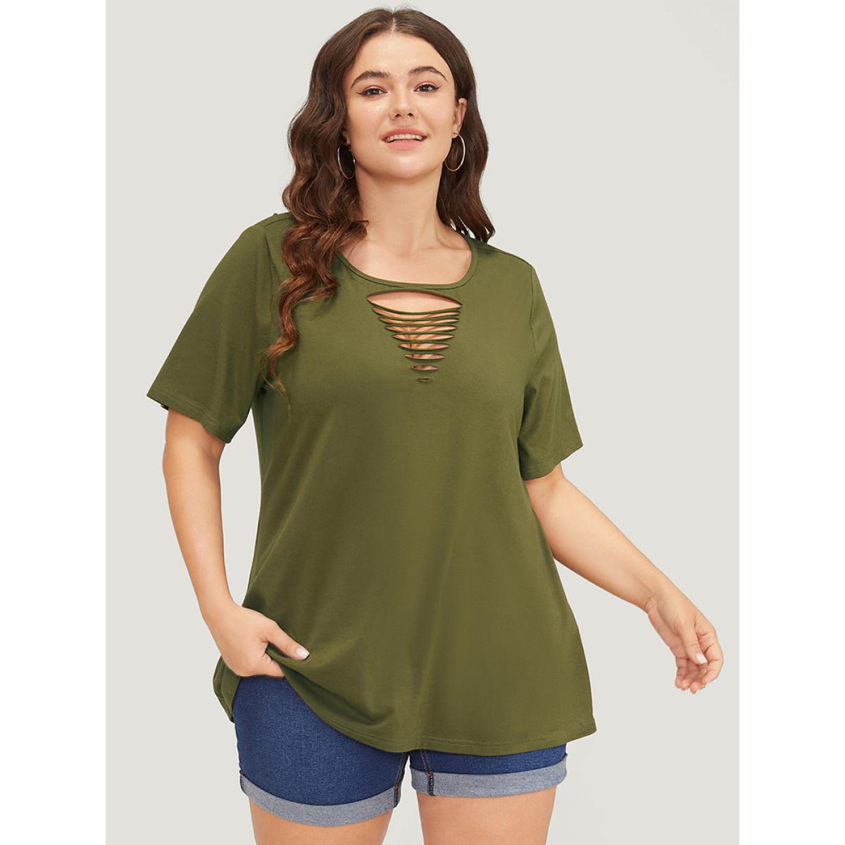 Plus Size Plain Cut Out Short Sleeve T-shirt ArmyGreen Women Casual Cut-Out Plain Round Neck Dailywear T-shirts BloomChic 12/L Product Image
