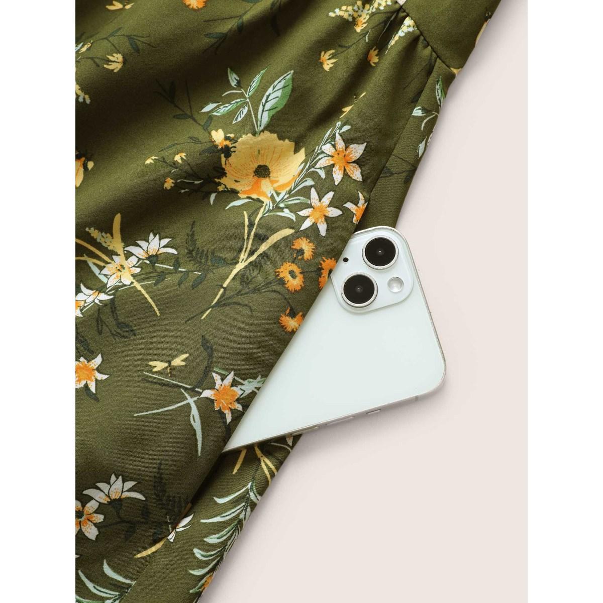 Plus Size Floral Elastic Waist Drawstring Pocket Dress Moss Women Elegant Non V-neck Short sleeve Curvy Midi Dress BloomChic 10/M Product Image