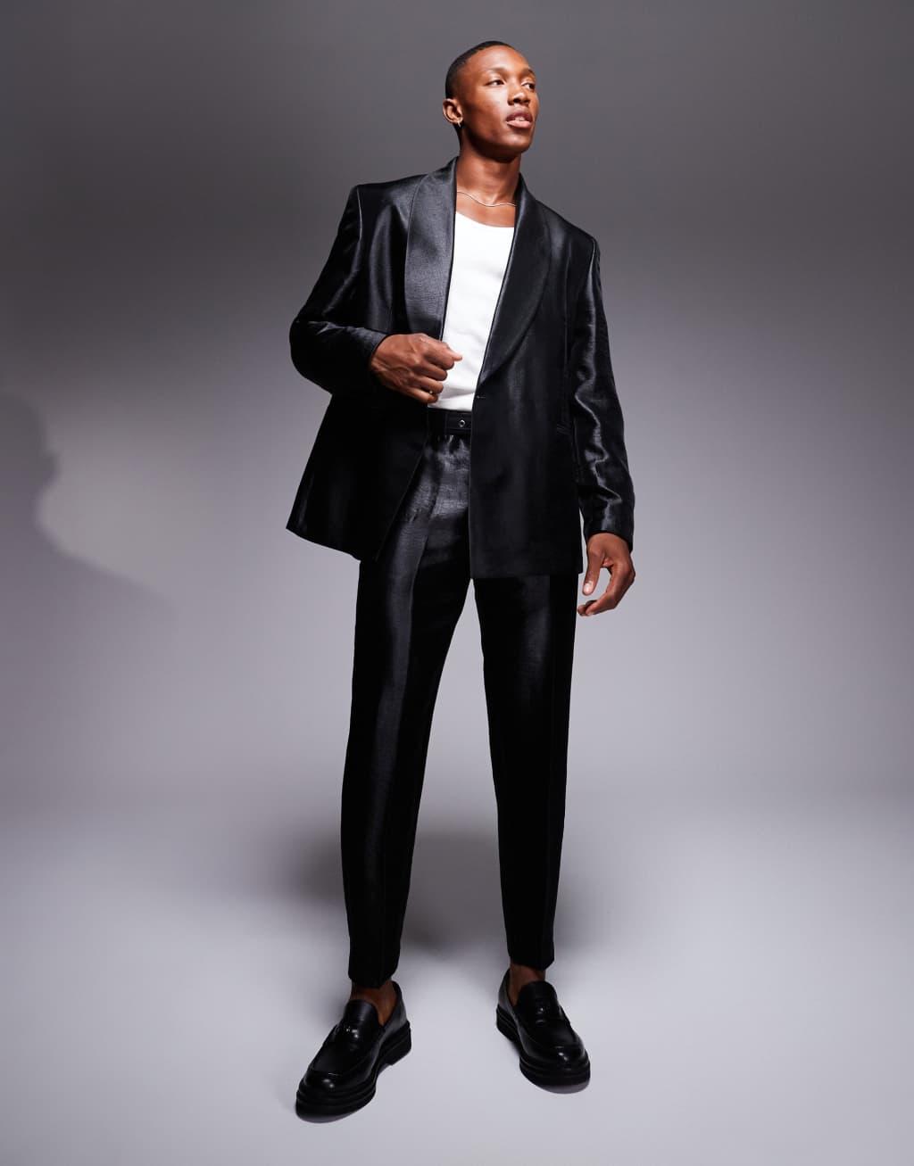 ASOS DESIGN slim fit shawl neck suit jacket in black metallic fabric Product Image