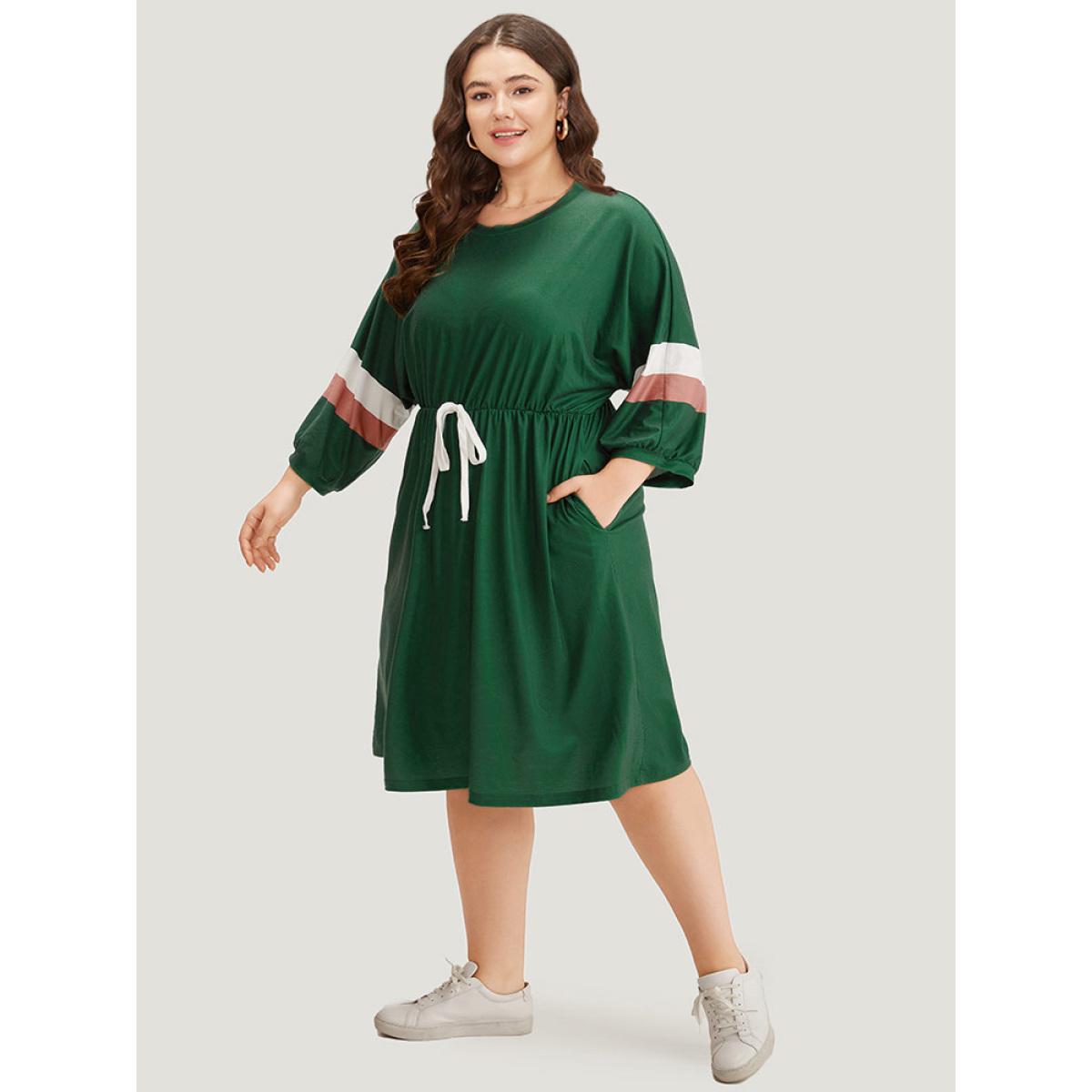 Plus Size Striped Contrast Pocket Bowknot Patchwork Dress DarkGreen Women Casual Cross straps Round Neck Elbow-length sleeve Curvy Midi Dress BloomChic 14-16/1X Product Image