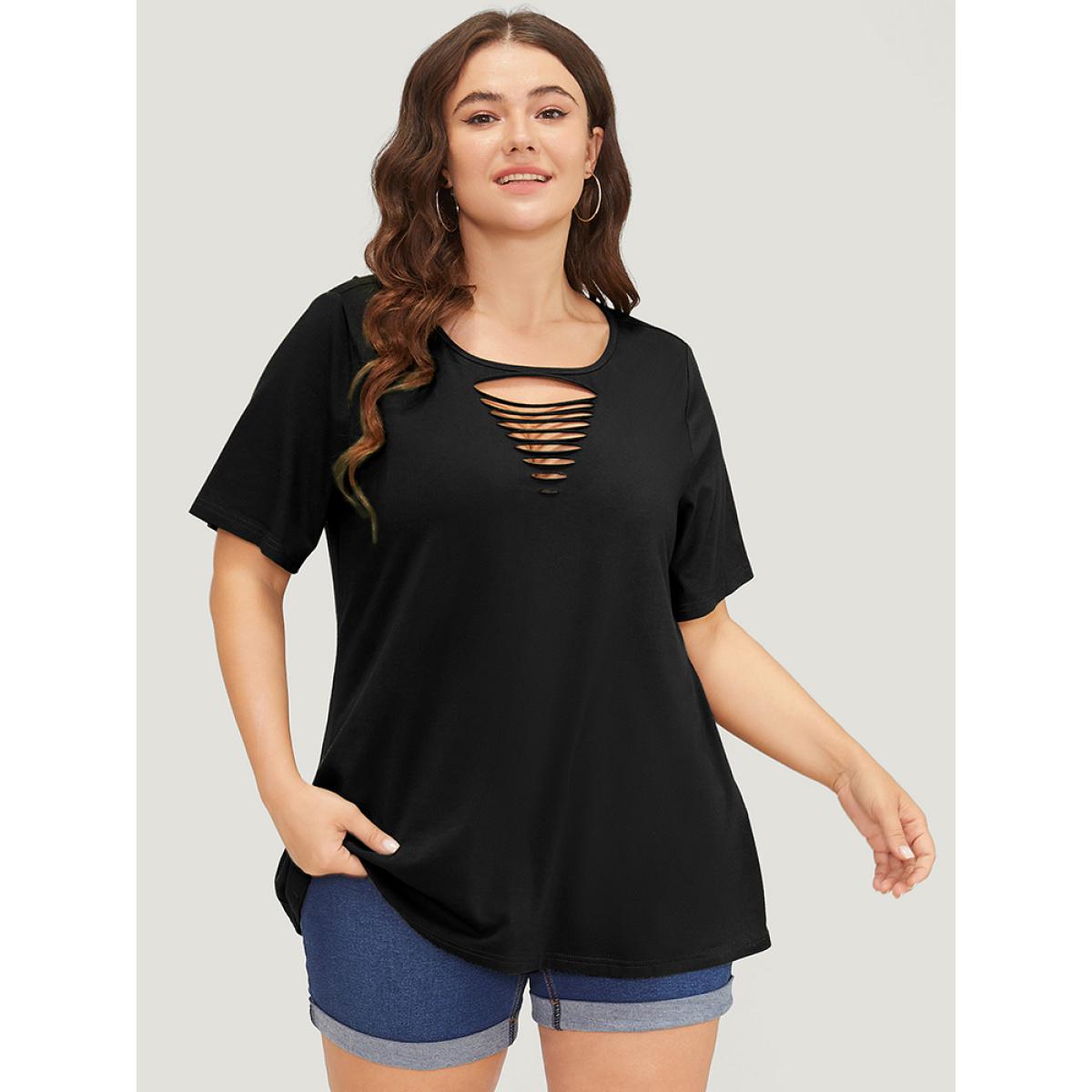 Plus Size Plain Cut Out Short Sleeve T-shirt Black Women Casual Cut-Out Plain Round Neck Dailywear T-shirts BloomChic 12/L Product Image