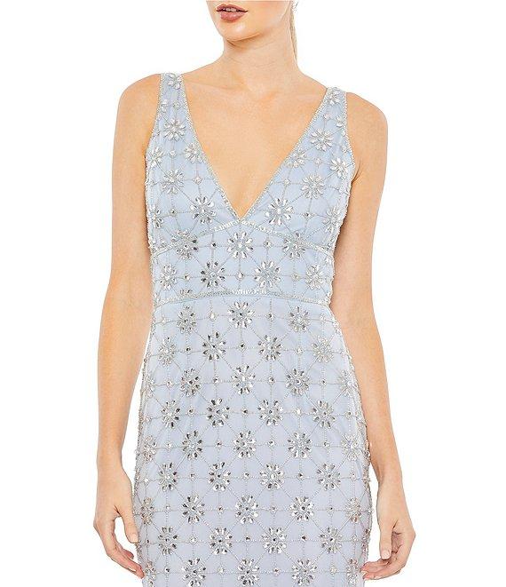 Mac Duggal V-neck Sleeveless Embellished Mesh Column Gown Product Image