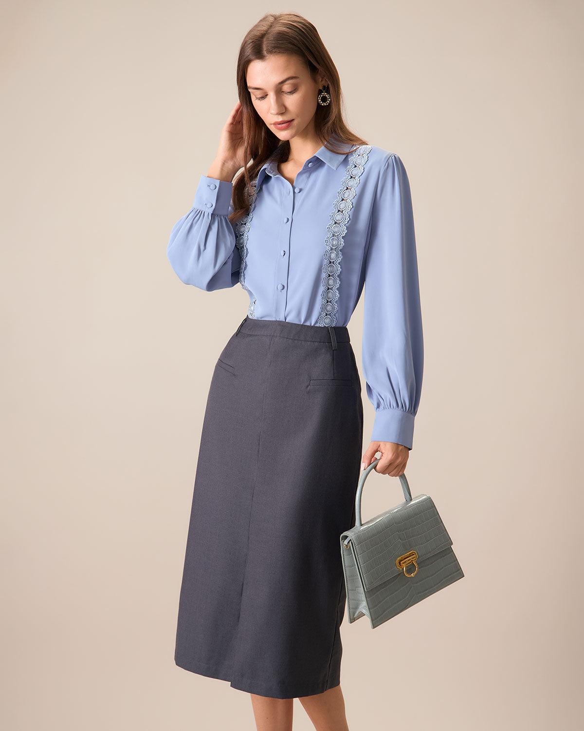 Women's Grey High-waisted Straight Slit Midi Skit Female Product Image