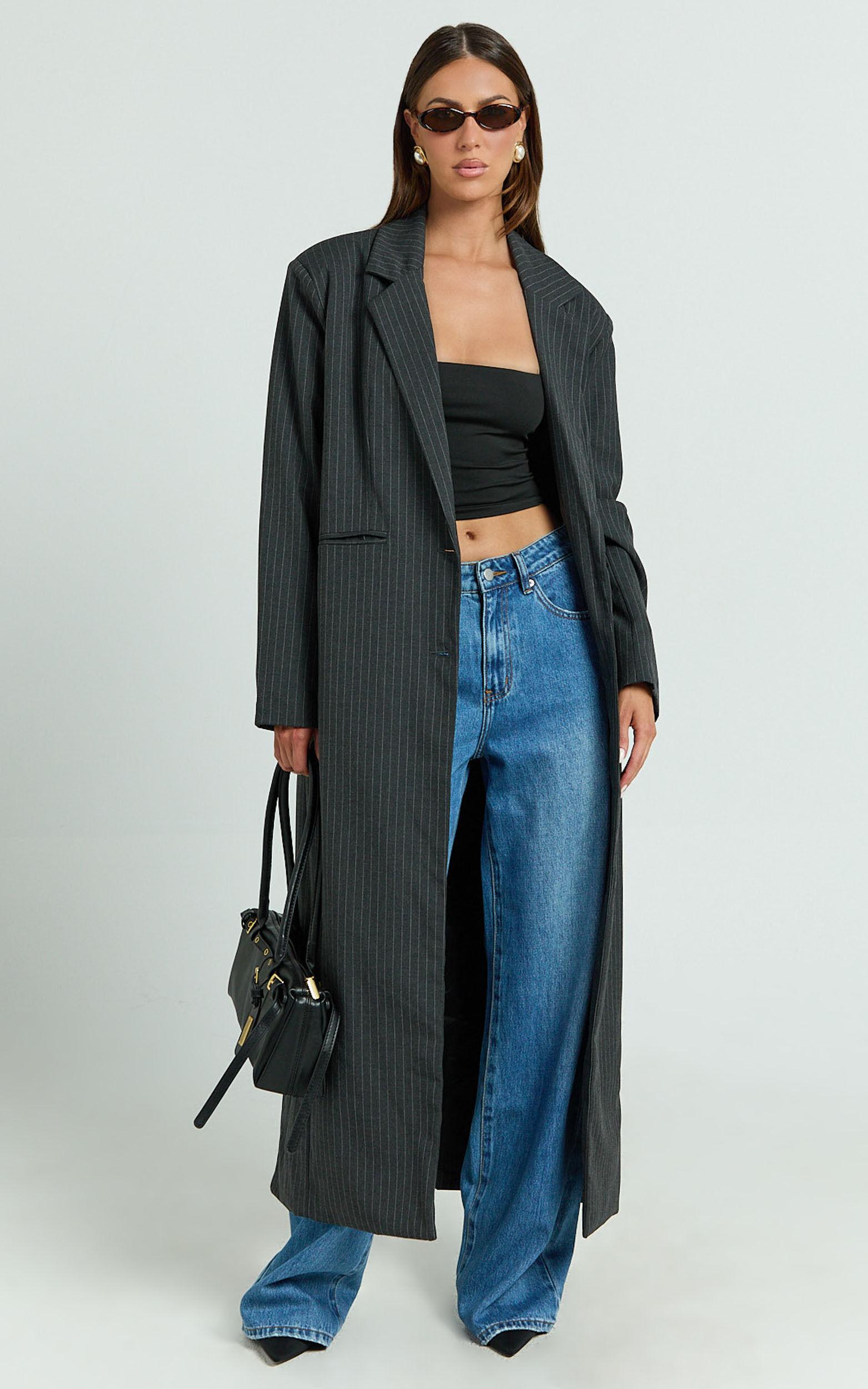 Camille Coat - Pinstripe Single Breasted Longline Coat in Charcoal Product Image